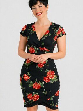 NWT - Small black dress Form fitting floral dress. V-neck faux wrap Summer dress